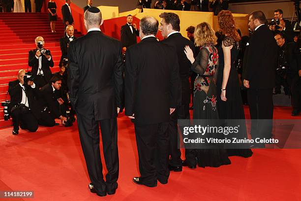 Director Joseph Cedar; Micah Lewensohn, Lior Ashkenazi, Alma Zack, Yuval Scharf and David Mandil attend the "Hearat Shulayim" premiere at the Palais...