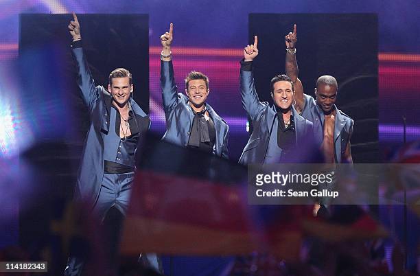 The boy band Blue of the United Kingdom perform in the grand finale of the Eurovision Song Contest 2011 on May 14, 2011 in Dusseldorf, Germany.