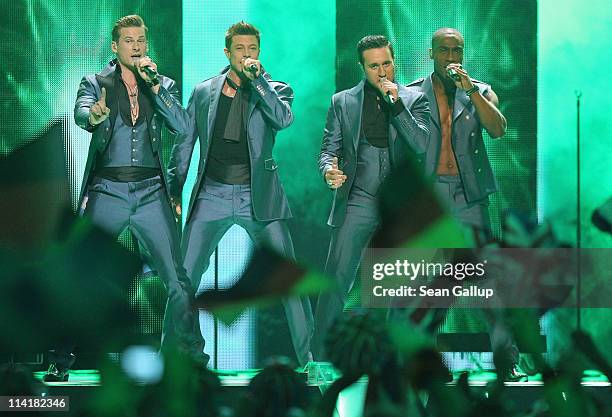 The boy band Blue of the United Kingdom perform in the grand finale of the Eurovision Song Contest 2011 on May 14, 2011 in Dusseldorf, Germany.