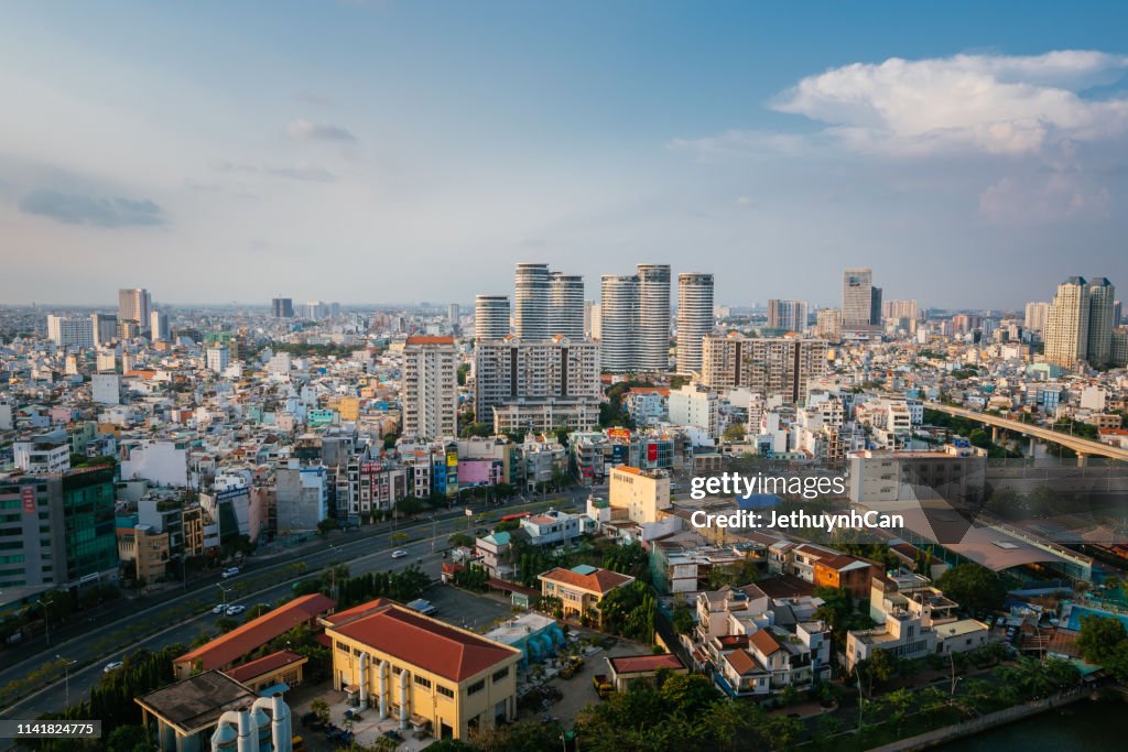 Top view aerial of Saigon skyline Ho Chi Minh City new residential area near Thu Thiem