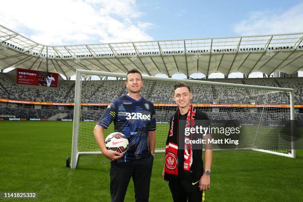 Former Leeds United player Michael Bridges and Jordan O’Doherty of the Wanderers pose during a Western Sydney Wanderers A-League media opportunity at...