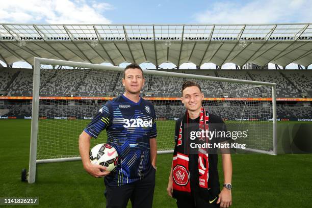 Former Leeds United player Michael Bridges and Jordan O’Doherty of the Wanderers pose during a Western Sydney Wanderers A-League media opportunity at...