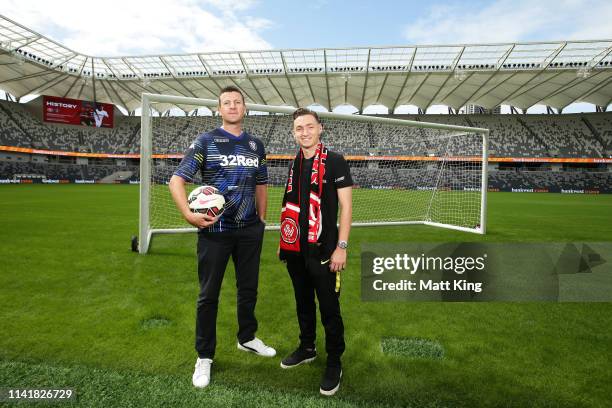 Former Leeds United player Michael Bridges and Jordan O’Doherty of the Wanderers pose during a Western Sydney Wanderers A-League media opportunity at...