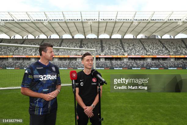 Former Leeds United player Michael Bridges and Jordan O’Doherty of the Wanderers speak to the media during a Western Sydney Wanderers A-League media...