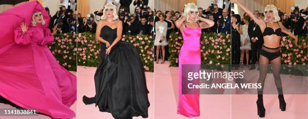 This combination of pictures created on May 06, 2019 shows Singer/actress Lady Gaga arriving for the 2019 Met Gala at the Metropolitan Museum of Art...