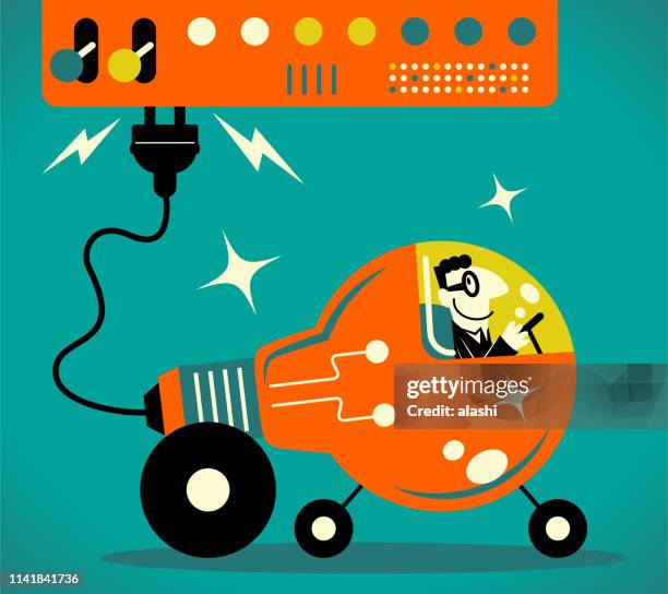 stockillustraties, clipart, cartoons en iconen met zakenman die een idee drijft gloeilamp auto met elektro stop en het laden systeem - car charger