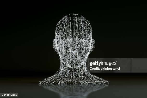 cabeza de cyborg de forma alámbrica 3d - cabeza humana fotografías e imágenes de stock