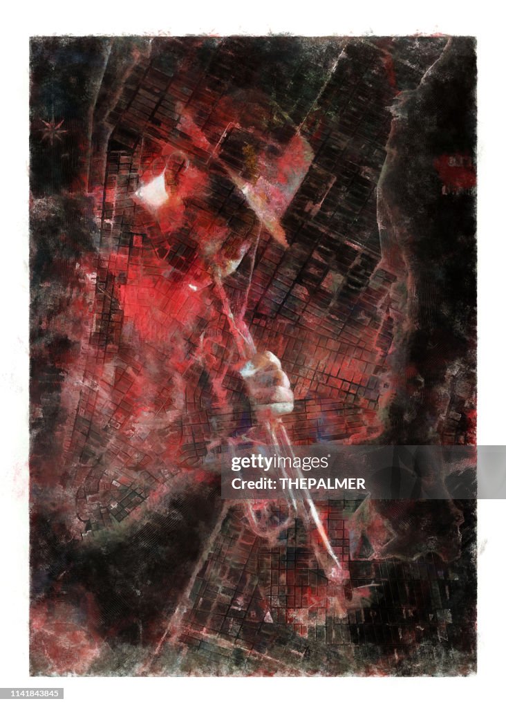 Jazz trompet en de kaart van New York-gemengde digitale techniek