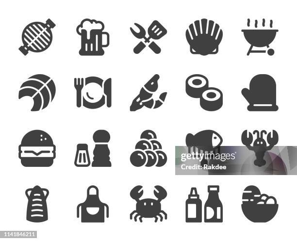 seafood and grilled - icons - shrimp with lobster sauce stock illustrations