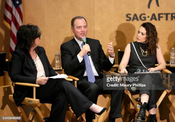 Moderator Colleen Williams, Chairman U.S. House of Representatives Intelligence Committee Adam Schiff and actress Alyssa Milano speak during a...