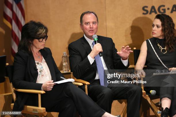 Moderator Colleen Williams, Chairman U.S. House of Representatives Intelligence Committee Adam Schiff and actress Alyssa Milano speak during a...