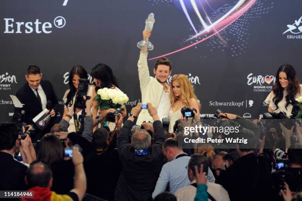 The winner of the Eurovision Song Contest 2011, Eldar Gasimov and Nigar Jamal of Ell/Nikki of Azerbaidjan attend the winner's press conference at the...