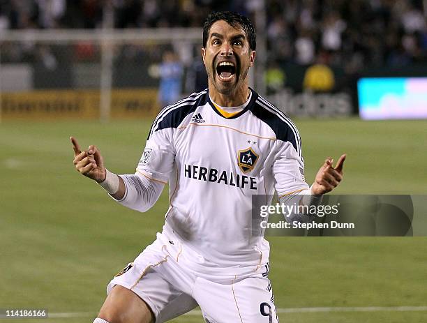 Juan Pablo Angel of the Los Angeles Galaxy celebrates after scoring a goal against Sporting Kansas City at The Home Depot Center on May 14, 2011 in...