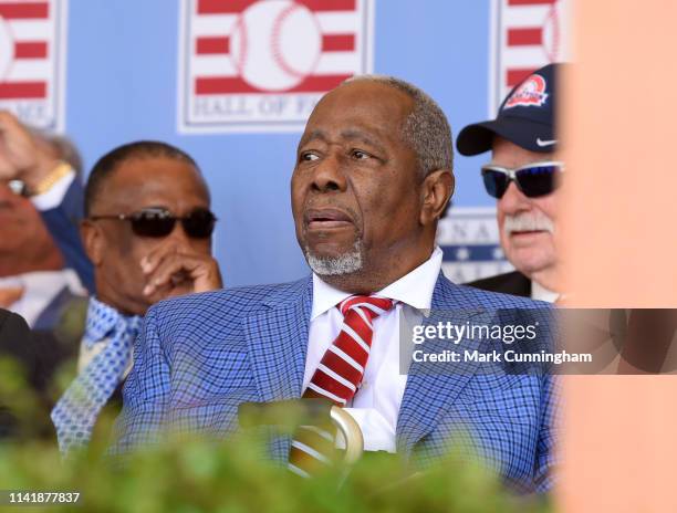 Hall of Famer Hank Aaron looks on during the Baseball Hall of Fame induction ceremony at the Clark Sports Center on July 29, 2018 in Cooperstown, New...