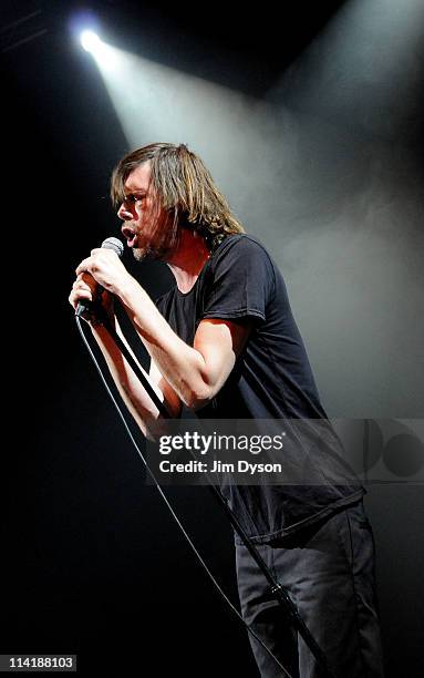 Angus Andrew of American rock group Liars performs live on stage during the second night of Short Circuit Presents Mute 'A Festival Of Electronica'...