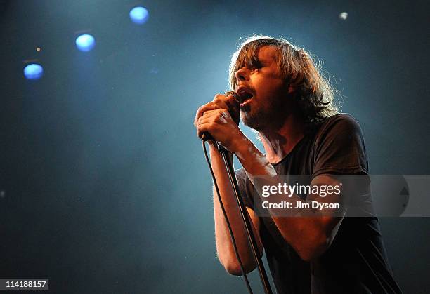 Angus Andrew of American rock group Liars performs live on stage during the second night of Short Circuit Presents Mute 'A Festival Of Electronica'...