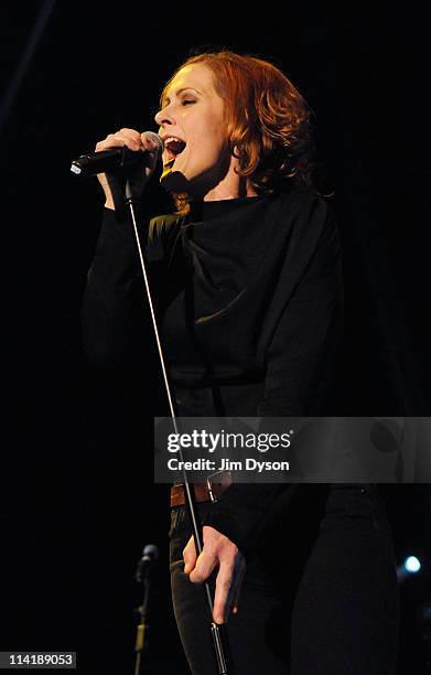 Singer Alison Moyet of Yazoo performs live on stage during the second night of Short Circuit Presents Mute 'A Festival Of Electronica' at The...