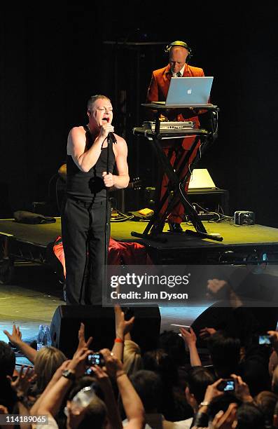 Vince Clarke and singer Andy Bell of Erasure perform live on stage during the second night of Short Circuit Presents Mute 'A Festival Of Electronica'...