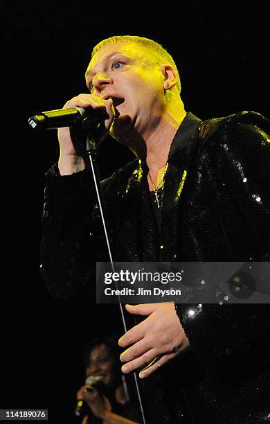 Singer Andy Bell of Erasure performs live on stage during the second night of Short Circuit Presents Mute 'A Festival Of Electronica' at The...