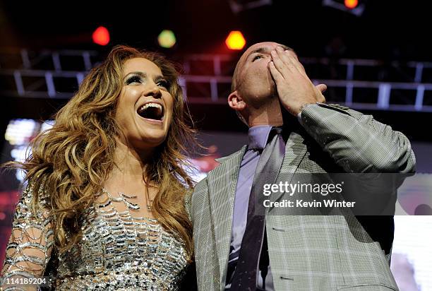 Singers Jennifer Lopez and Pitbull perform at KIIS FM's Wango Tango at the Staples Center on May 14, 2011 in Los Angeles, California.