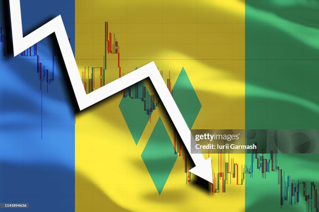 White Arrow And Stocks Chart Fall Down On The Background Of The Waving