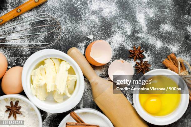 baking background with sugar, flour, eggs, butter - nut butter stock pictures, royalty-free photos & images