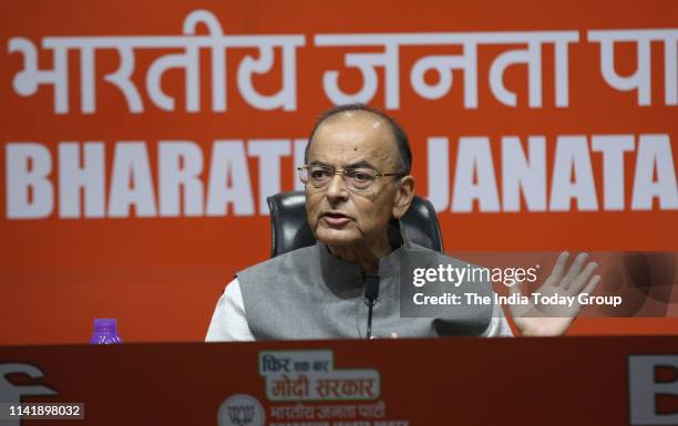 Minister of Corporate Affairs, Arun Jaitley addresses a press conference in New Delhi.