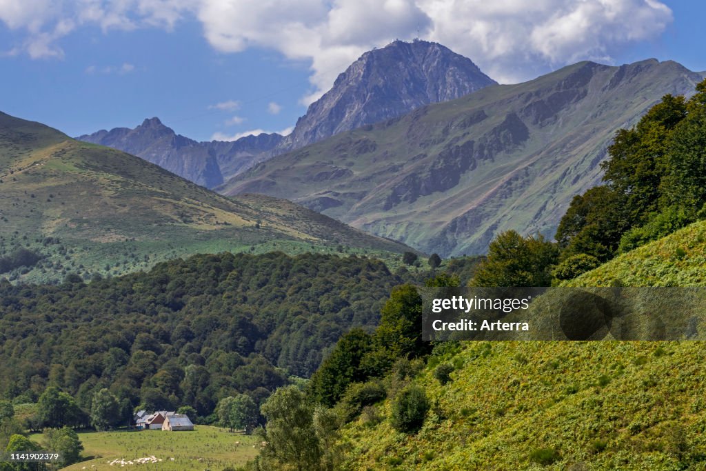 Farm and the mountain Pic du Midi de Bigorre.