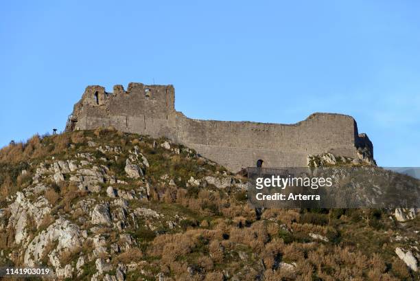 Ruins of the medieval Chateau de Montsegur castle on hilltop, stronghold of the Cathars in the Ariege department, Occitanie, France.