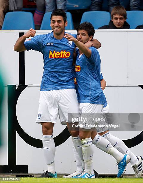 Mirkan Aydin of Bochumcelebrates scoring the first goal with Uemit Korkmatz during the Second Bundesliga match between VfL Bochum and MSV Duisburg at...