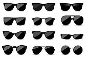 Big set of fashionable black sunglasses on white background. Black glasses isolated with shadow for your design.
