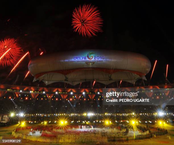 Fireworks explode at the XIX Commonwealth Games closing ceremony at Jawarharlal Nehru Stadium in New Delhi on October 14, 2010. Glasgow, Scotland's...