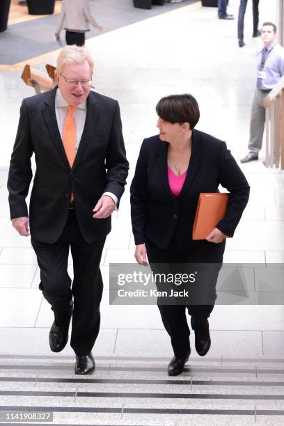 Scottish Conservative leader Ruth Davidson in the Scottish Parliament on her return from maternity leave, accompanied by her deputy Jackson Carlaw...