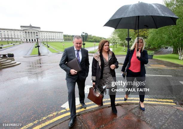 Sinn Fein politician Conor Murphy, , Sinn Fein leader Mary Lou McDonald and Sinn Fein northern leader Michelle O'Neill arrive for a new round of...