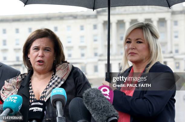 Sinn Fein leader Mary Lou McDonald and Sinn Fein northern leader Michelle O'Neill speak to the media on their arrival for a new round of political...