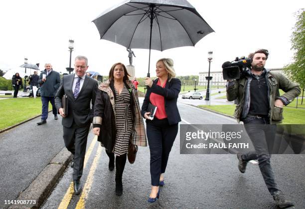 Sinn Fein politician Conor Murphy, , Sinn Fein leader Mary Lou McDonald and Sinn Fein northern leader Michelle O'Neill arrive for a new round of...