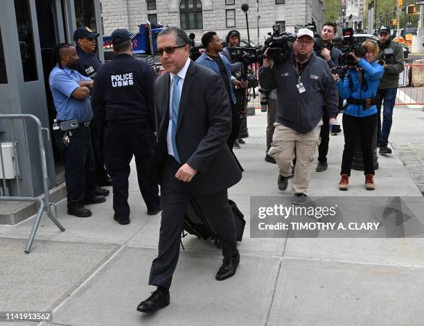 Keith Ranieres lawyer, Marc Agnifilo arrives at Brooklyn Federal Court on May 7 in New York. - The trial of Keith Raniere, a "self-help" guru who ran...