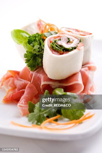 Fresh mozzarella cheese roll topped with seasonal vegetables and omelette. Italy. Europe.