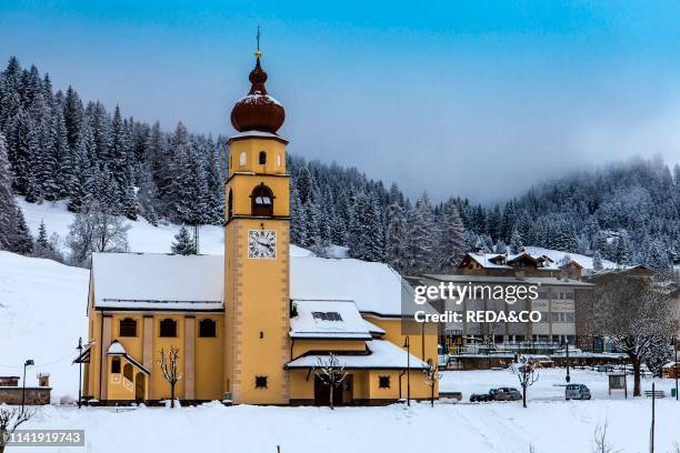 Center and church. Soraga. Val di Fassa. Trentino Alto Adige. Italy. Europe.