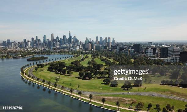 aerial views of albert park lake - albert park stock pictures, royalty-free photos & images
