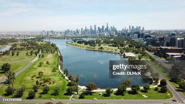 aerial views of albert park lake - cityscape aerial stock pictures, royalty-free photos & images