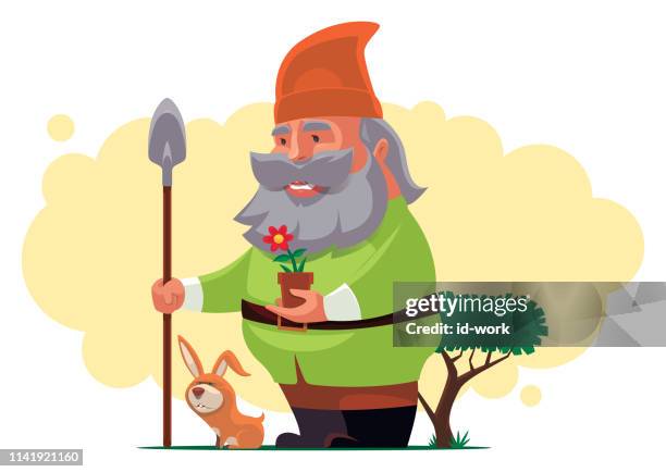 garden gnome holding shovel with rabbit - garden gnome stock illustrations