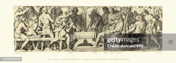 harold's victory banquet at york, norman conquest 1066 - medieval feast stock illustrations