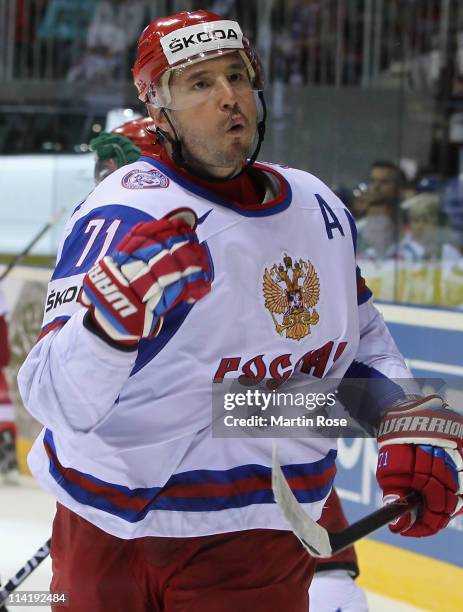 Ilya Kovalchuk of Russia celebrates after he scores his team's 3rd goal during the IIHF World Championship bronze medal match between Czech Republic...