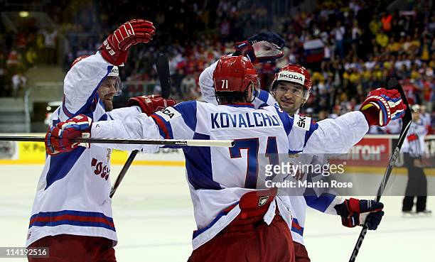 Ilya Kovalchuk of Russia celebrates after he scores his team's 3rd goal during the IIHF World Championship bronze medal match between Czech Republic...