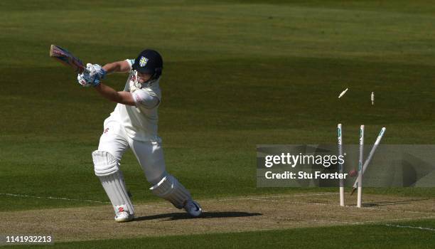 Durham batsman Alex Lees is bowled by Sussex bowler Mir Hamza during day one of the SpecSavers Division Two match between Durham and Sussex at...