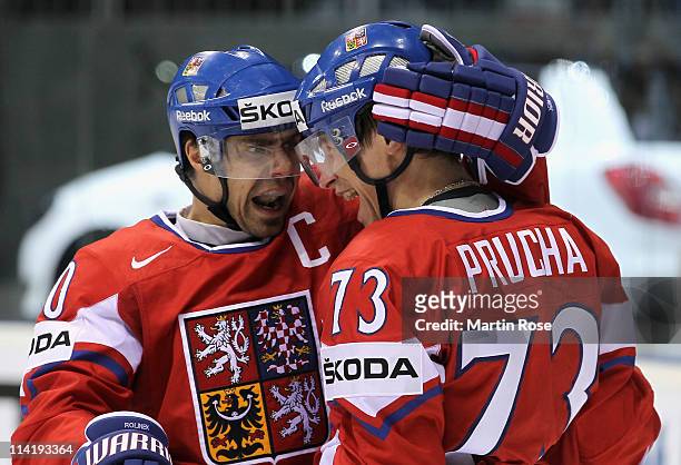 Petr Prucha of Czech Republic celebrates with team mate Tomas Rolinek after he scores his t eam's 4th goal during the IIHF World Championship bronze...