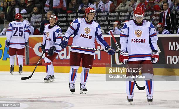 Nikolai Kulyomin of Russia battle looks dejected during the IIHF World Championship bronze medal match between Czech Republic and Russia at Orange...