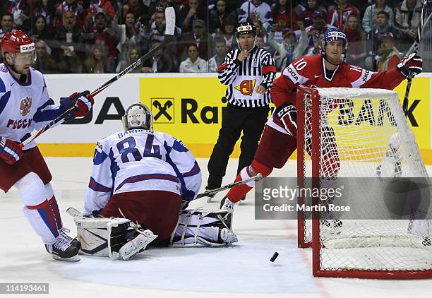 Roman Cervenka of Czech celebrate his team's 5th goal during the IIHF World Championship bronze medal match between Czech Republic and Russia at...