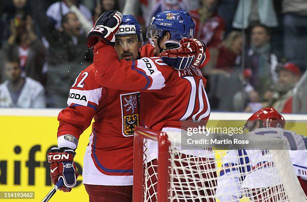 Roman Cervenka of Czech celebrate his team's 5th goal with team mate Tomas Plekanec during the IIHF World Championship bronze medal match between...